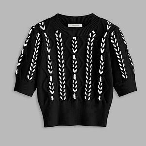 NWOT Commense Black & White Puff Sleeve Contrast Binding Cable Knit Top Sz Small